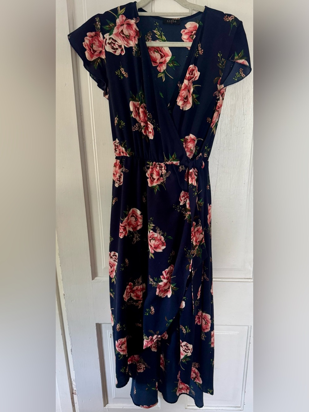 Navy Floral Wrap Dress with Pink Rose Print